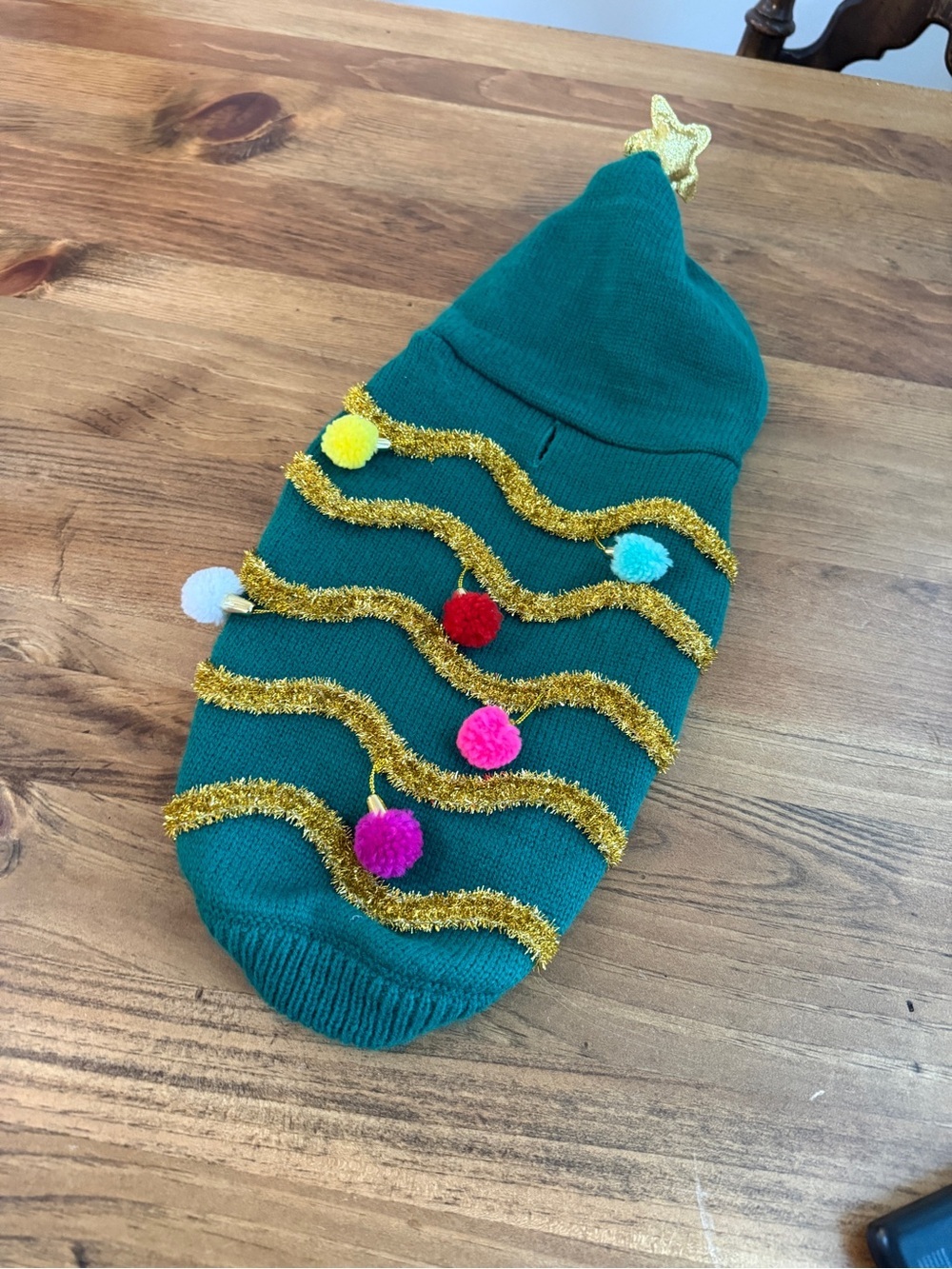 Green Knit Holiday Pet Sweater with Gold Tinsel & Pom-Poms Merry & Bright